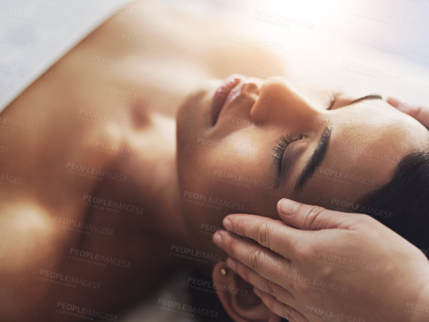 Buy stock photo Hands, head massage and luxury with woman in spa closeup for stress relief, treatment or wellness. Face, relax or facial and customer in beauty salon with masseuse for cosmetics or natural therapy