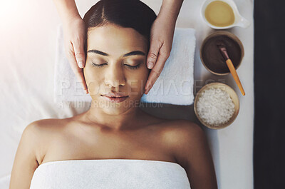 Buy stock photo Hands, head massage and relax with woman in spa from above for stress relief, treatment or wellness. Face, luxury or therapy and customer in beauty salon with masseuse for cosmetics or therapy