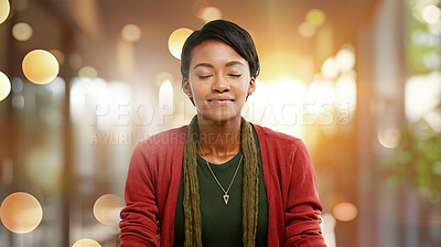 Buy stock photo Black woman, home and sitting in meditation, zen mindset training and mental health wellness. Happy, yogi and peace for spiritual awareness, calm and relax for chakra wellbeing or yoga balance