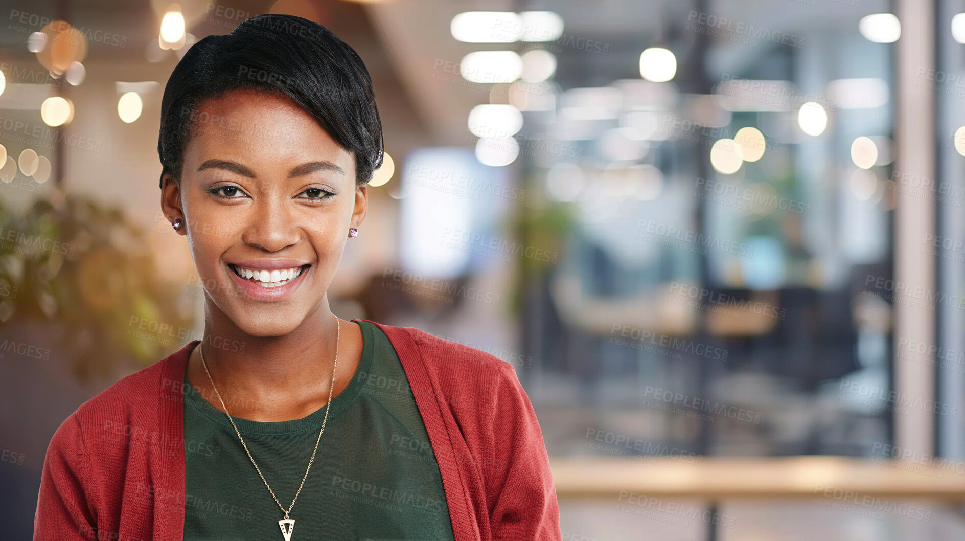 Buy stock photo Black woman, portrait and happy in office with pride or proud for career or job growth as accountant. Female person, confidence and satisfied or smile for internship opportunity as employee at work