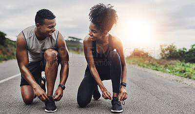 Buy stock photo Nature, fitness and couple tie laces in road with running exercise for race or marathon training. Sports, outdoor and team of track and field athletes preparing for cardio workout in mountain.