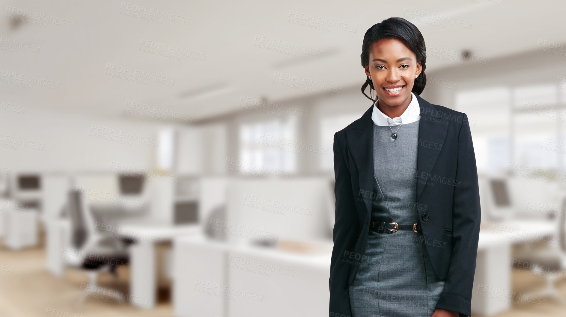 Buy stock photo Business, portrait and black woman in office with smile for legal consultation, professional or career pride. Justice, corporate and female employee with confidence for lawyer, advocate or attorney