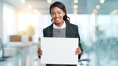 Buy stock photo Poster, mockup and portrait of business woman in office for marketing, promotion or advertising. Smile, board and professional female creative designer with blank space sign for logo in workplace.