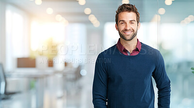 Buy stock photo Businessman, portrait and happy in office with mockup for professional career, startup confidence and pride. Human resources, employee and smile in workplace for hiring, recruitment and onboarding