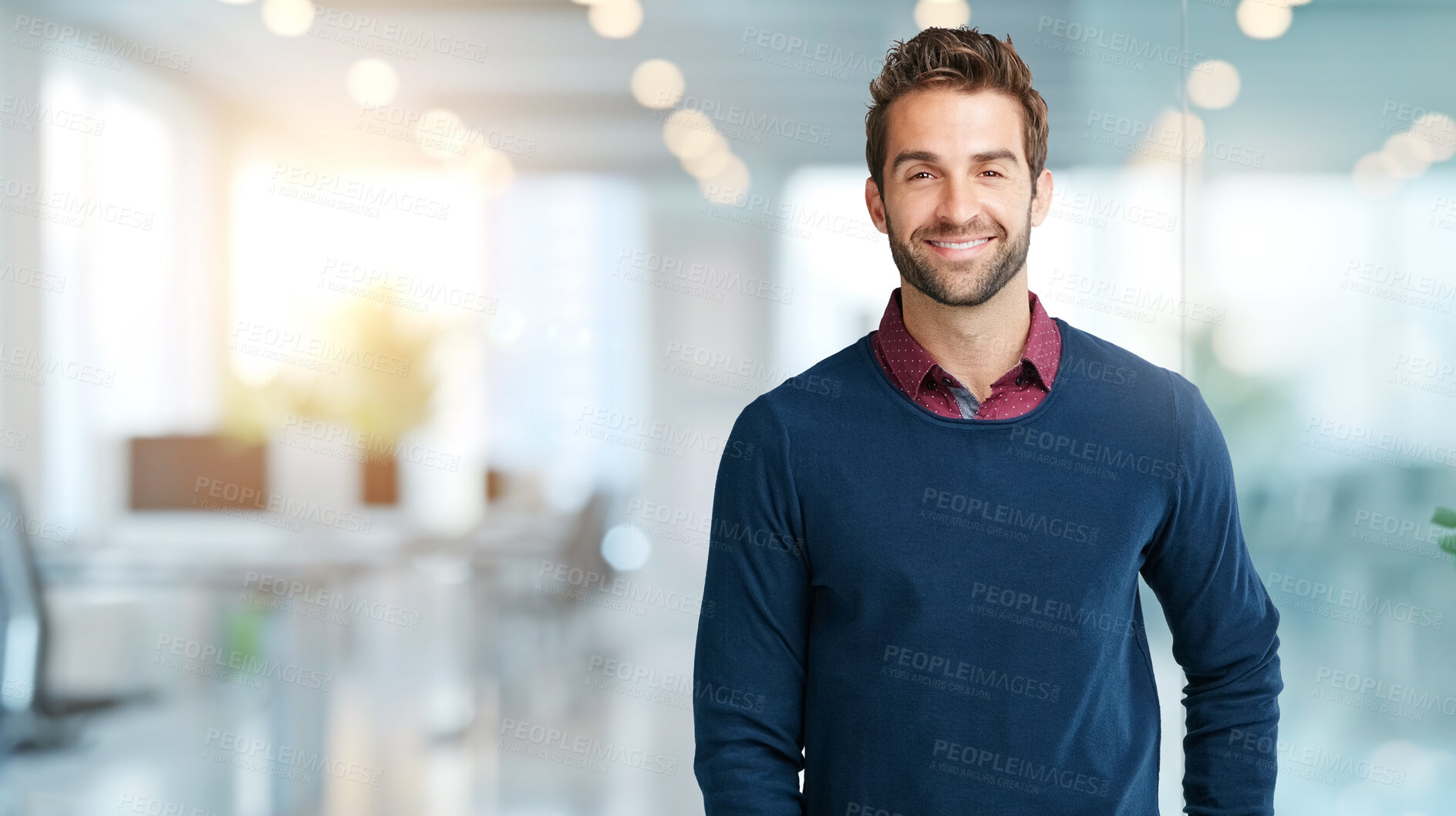 Buy stock photo Businessman, portrait and happy in office with mockup for professional career, startup confidence and pride. Human resources, employee and smile in workplace for hiring, recruitment and onboarding