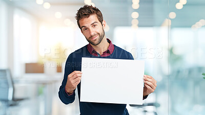 Buy stock photo Poster, mockup and portrait of businessman in office for marketing, promotion or advertising. Smile, board and professional male creative designer with blank space sign for logo in workplace.