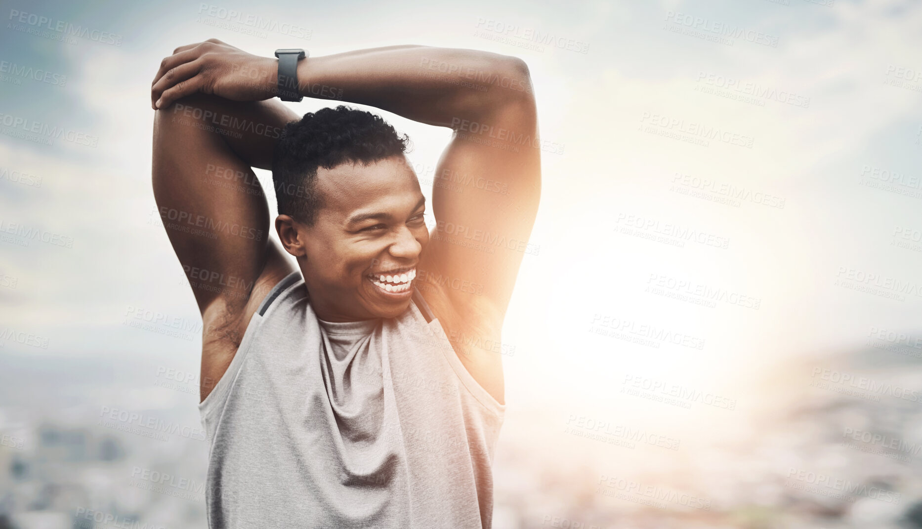 Buy stock photo Smile, fitness and black man with warm up for arms with laugh, fun and outdoor workout in morning. Health, wellness and athlete on hill at sunrise stretching for muscle power, exercise and happy face