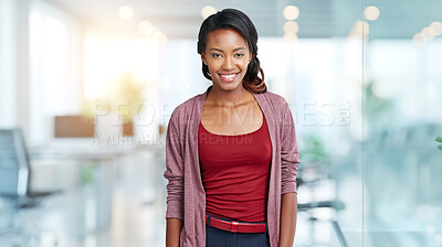 Buy stock photo Smile, confidence and portrait of black woman in office with positive, good and confident attitude. Happy, pride and professional African female journalist with creative career in workplace.