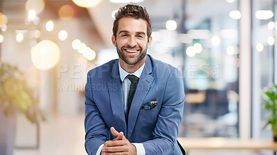 Buy stock photo Corporate, portrait and business man in office with smile for legal consultation, professional or career pride. Bokeh, about us and male employee with confidence for lawyer, advocate or attorney