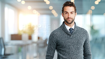 Buy stock photo Businessman, portrait and entrepreneur with fashion, confidence or elegant style in modern office. Face, workplace or proud male designer in creative startup for development, ambition and company