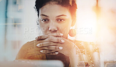 Buy stock photo Reading, hands and business woman in office for feedback, review proposal or online report. City overlay, traffic correspondent and person for project development, lens flare or information on delays