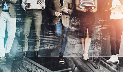 Buy stock photo Technology, double exposure and team standing in office for research, communication and social media in city. Business people, legs and together on internet for networking, strategy or collaboration