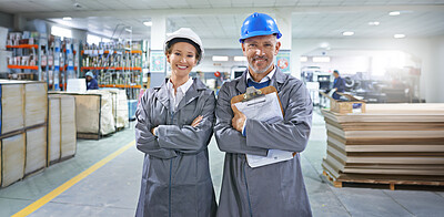 Buy stock photo Portrait, happy and logistics team with clipboard, hard hat and documents for product delivery. Shipping, crossed arms and cargo employees with paperwork for freight distribution in warehouse.