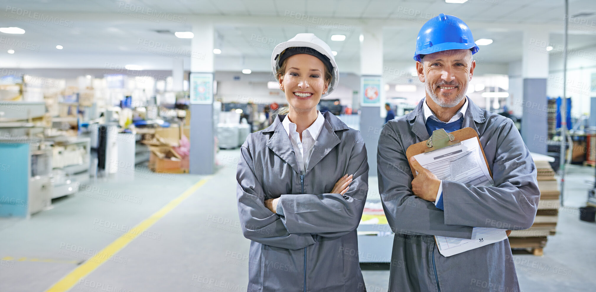 Buy stock photo Portrait, smile and logistics team with clipboard, hard hat and documents for product delivery. Shipping, crossed arms and cargo employees with paperwork for freight distribution in warehouse.