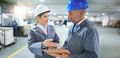 Buy stock photo Factory, people and management checklist with clipboard for quality inspection or logistics planning for process. Business, talking and paper for manufacturing in warehouse with collaboration