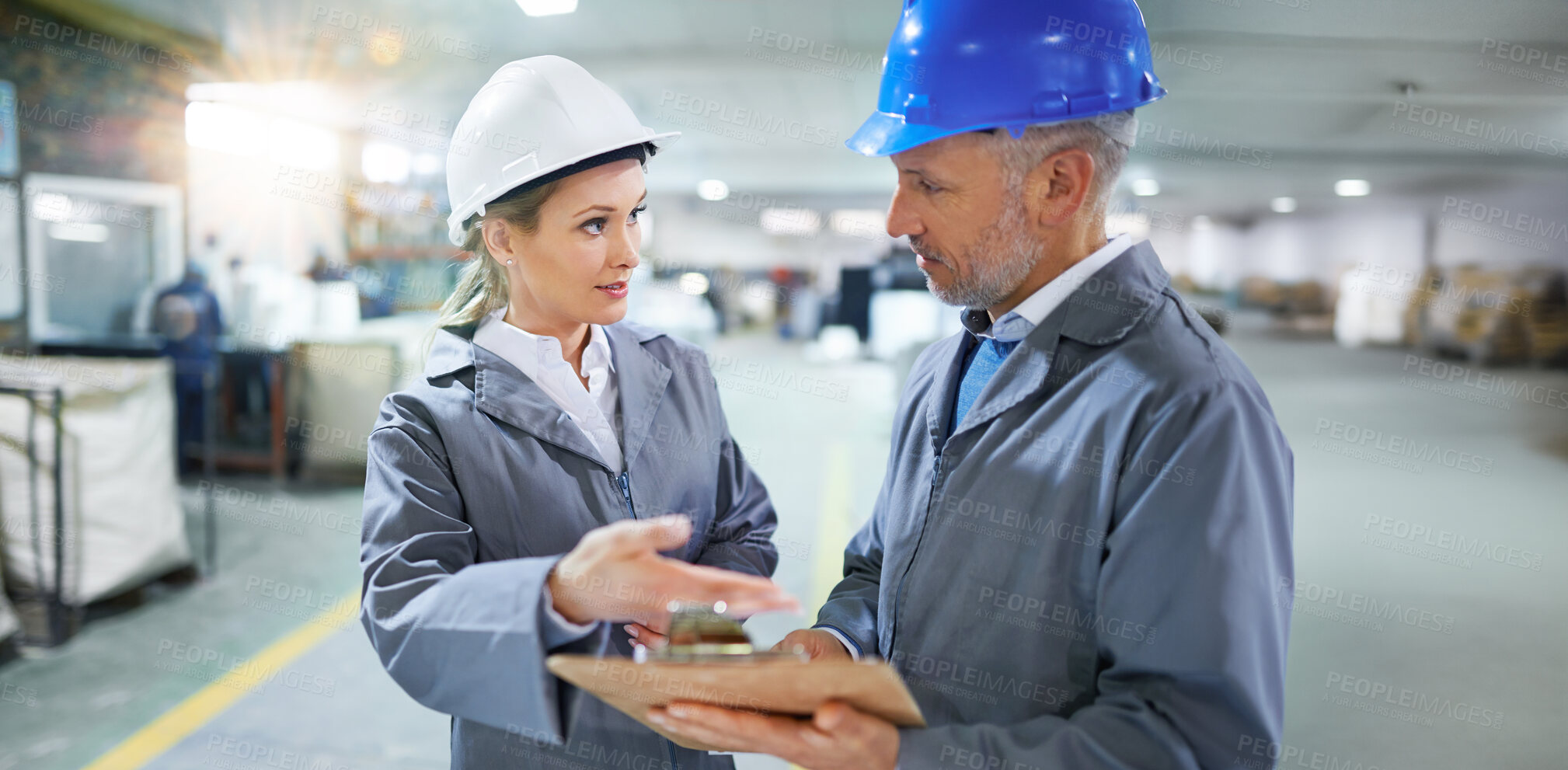 Buy stock photo Factory, people and management checklist with clipboard for quality inspection or logistics planning for process. Business, talking and paper for manufacturing in warehouse with collaboration