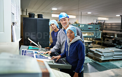 Buy stock photo Group, people and portrait in factory for printing by machine, color chart and production at job. Employees, woman and man in helmet at industrial warehouse for design, brochure or smile for teamwork