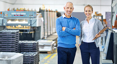 Buy stock photo Business people, man and woman in portrait at warehouse, confident or pride for startup project. Collaboration, creative career or designers in factory for printing material or distribution industry