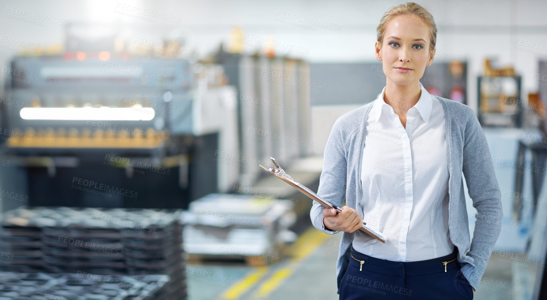 Buy stock photo Clipboard, factory and quality control with portrait of woman with confidence for business, logistics or shipping. Documents, inspection and serious supervisor at warehouse as supply chain management