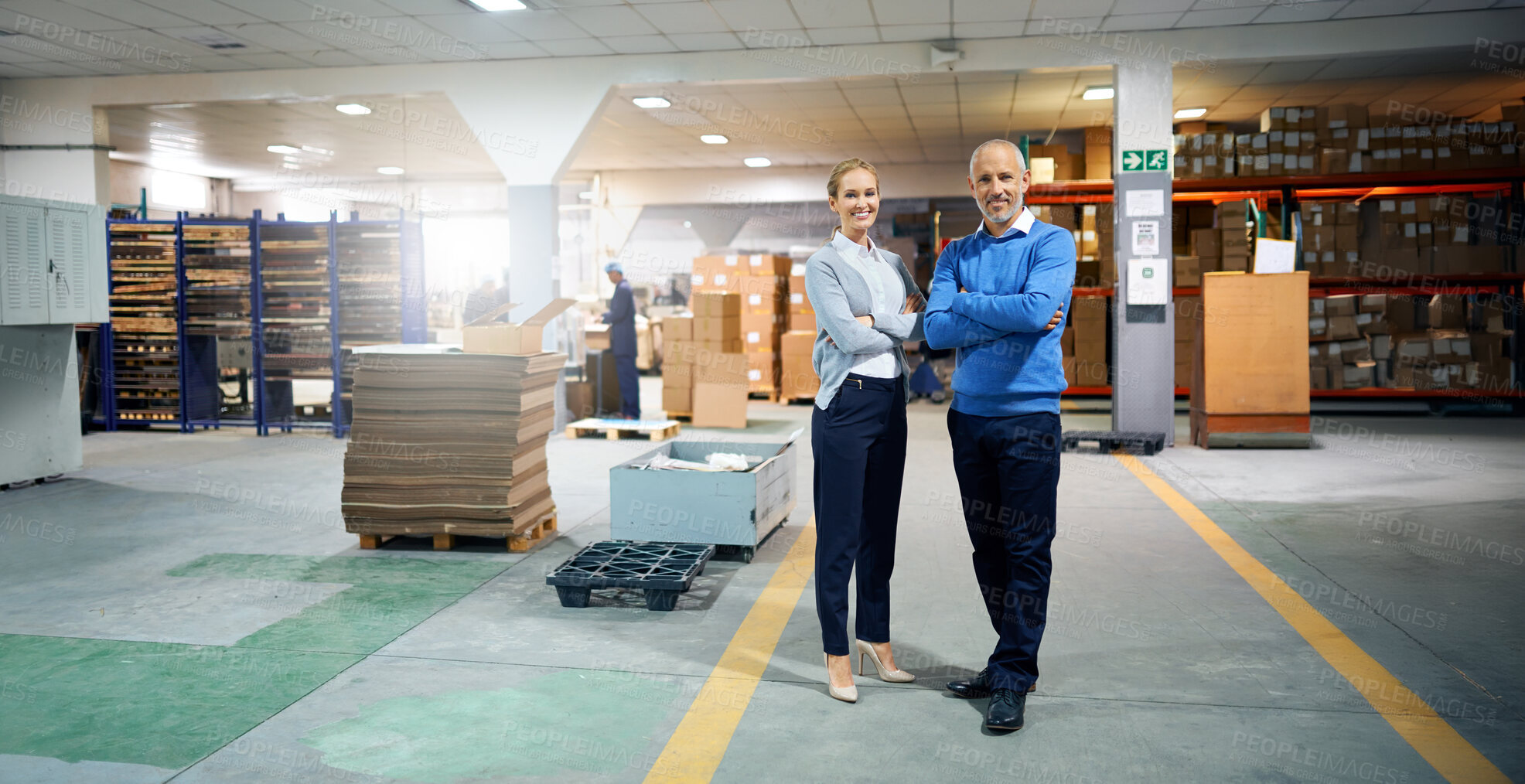 Buy stock photo Arms crossed, collaboration and warehouse with portrait of business people together for delivery management. Logistics, shipping or supply chain with man and woman employee in factory or plant