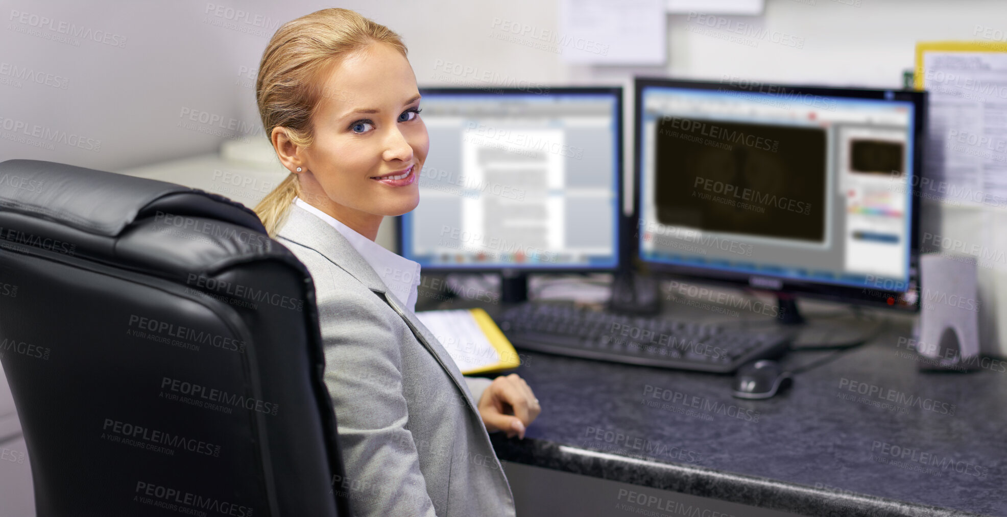 Buy stock photo Portrait, woman and smile at desk for printing, manufacturing or logistics in company. Female administrator, computer and data capture in office for information, technology or software for production