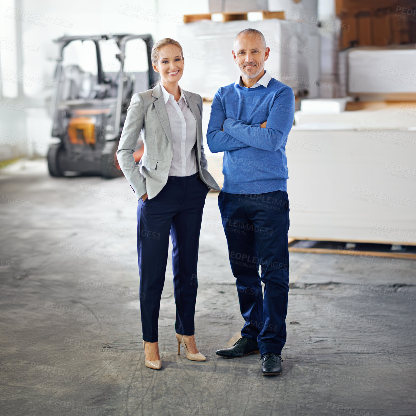 Buy stock photo Business people, man and woman in portrait at factory, confident or pride for startup project. Collaboration, creative career or designers in warehouse for printing material or distribution industry