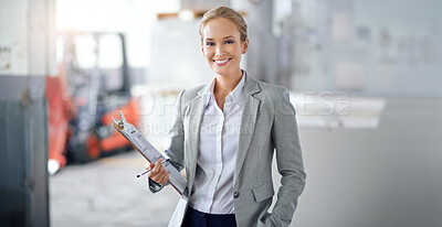 Buy stock photo Clipboard, factory and inspection with portrait of woman in suit for business, logistics or shipping. Documents, smile and quality control with supervisor in warehouse for supply chain management