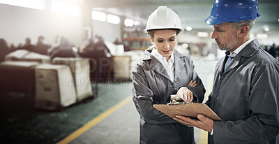 Buy stock photo Factory, people and checklist with clipboard for quality inspection or logistics planning for process. Management, talking and document for manufacturing supplier in warehouse with collaboration