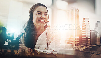 Buy stock photo City, call center agent and woman with double exposure, headset and smile is office for telemarketing. Consultant, service and crm for helpline for global networking, female person and employee