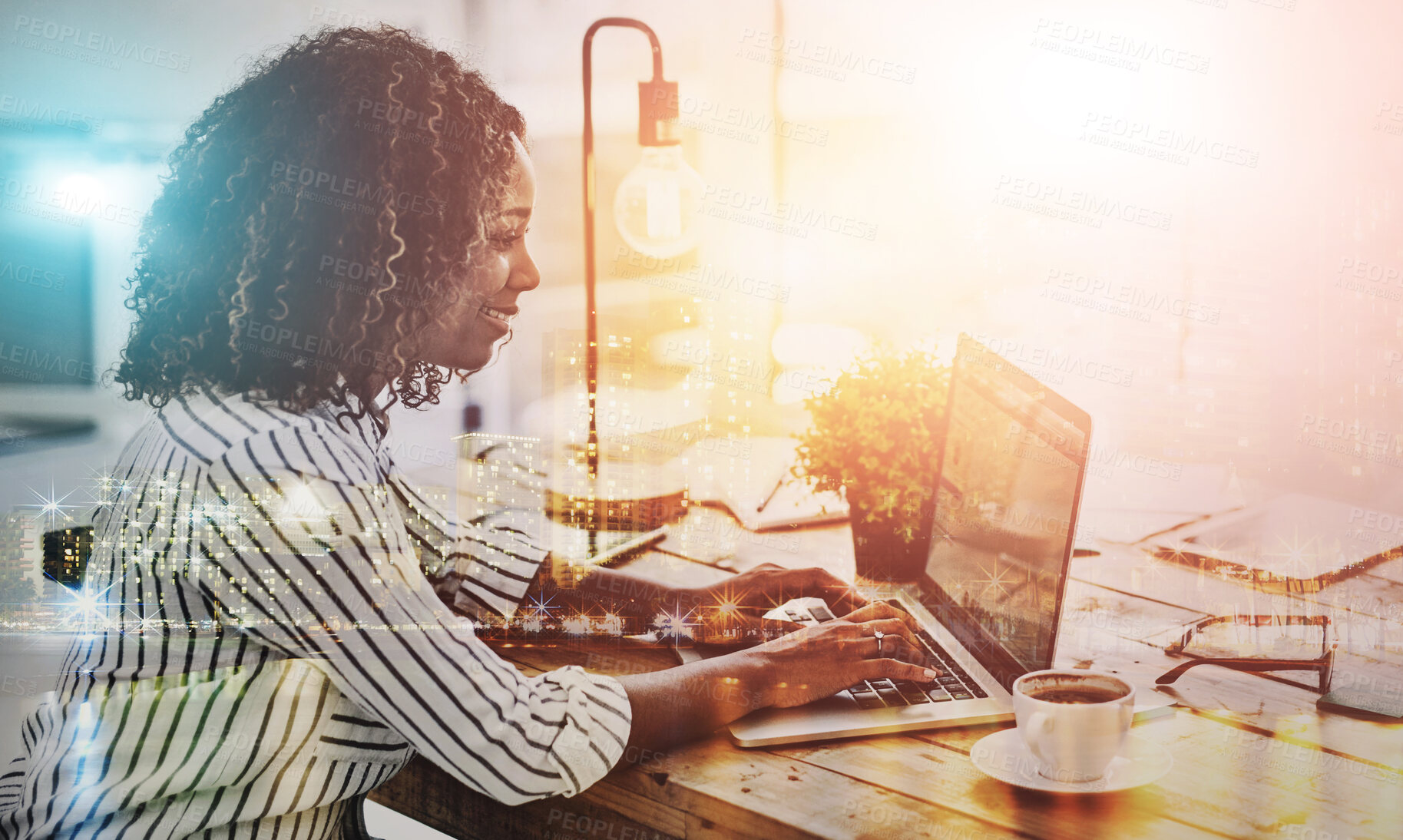 Buy stock photo Black woman, office and happy on laptop with lens flare for online research, email and communication as hr manager. Female person, employee and sunshine or bright light with smile, future and growth