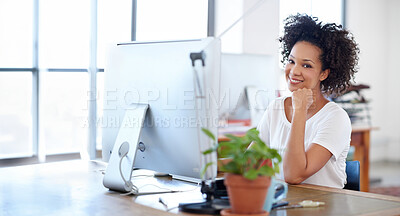 Buy stock photo Business, woman and happy with portrait at computer in office for company metrics update or social media manager. Technology, employee and smile at workspace for campaign management at digital agency