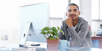 Buy stock photo Office, monitor and portrait of man with smile for creative career, digital research and communication. Happy, employee and editor with computer by desk for copywriting, website and online schedule