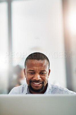 Buy stock photo African man, computer and space in office for mock up, reading and thinking at media company. Black business person, mature editor and writer by pc, review and smile for story at creative agency