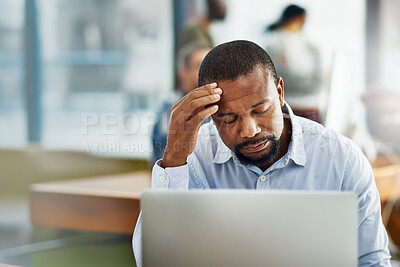 Buy stock photo Headache, business and mature black man in office with laptop for editing report, burnout or project deadline. Fatigue, stress and male employee with brain fog for migraine, anxiety or overworked