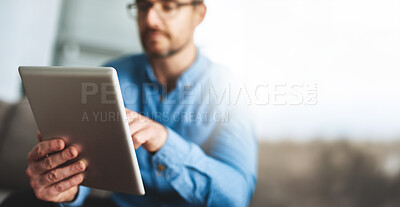 Buy stock photo Hands, tablet and typing in lounge, online and closeup of businessman in home and remote working. Living room, digital and screenwriter with story to write in apartment, person and creative for ebook