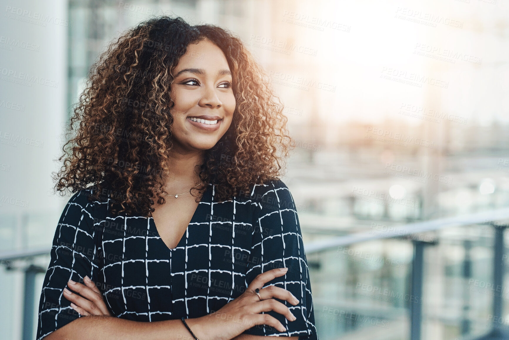 Buy stock photo Business, thinking and black woman with arms crossed, smile and decision with confidence for startup. African person, entrepreneur and consultant with creative agency, problem solving and solution