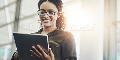 Buy stock photo Tablet, research and business woman with reading information, app and internet. Person, employee and consultant with tech, creative project in journalism and copywriting for communication or email