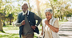 Senior couple, running and fitness in park for wellness, health and accountability outdoor with energy. Serious elderly man and woman with exercise, cardio and support for retirement and wellbeing