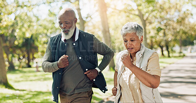 Buy stock photo Senior couple, running and fitness in park for wellness health and outdoor training, energy or workout. Elderly man, woman with cardio exercise and support for retirement, wellbeing or morning