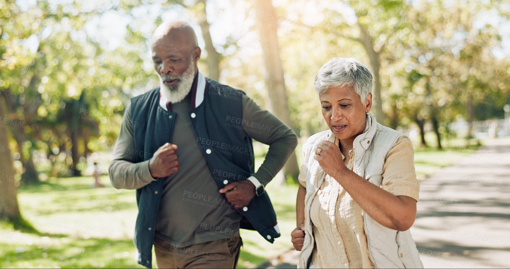 Buy stock photo Senior couple, running and fitness in park for wellness health and outdoor training, energy or workout. Elderly man, woman with cardio exercise and support for retirement, wellbeing or morning