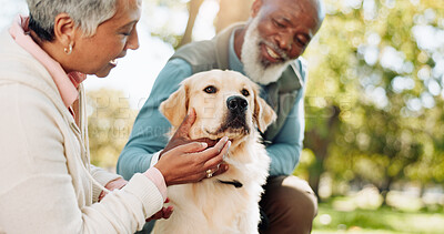 Buy stock photo Senior couple, dog and park for playing, love and care of labrador for health, bonding or happy outdoor wellness. Old man and woman with animal, puppy or pet for adoption and support with healthy fur