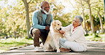 Elderly couple, dog and outdoor care with treat for support and healthy snack for praise or training in park. Senior people with animal, puppy or labrador pet for adoption or eating on fitness break