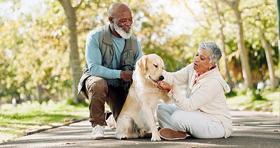 Buy stock photo Elderly couple, dog and outdoor care with treat for support and healthy snack for praise or training in park. Senior people with animal, puppy or labrador pet for adoption or eating on fitness break