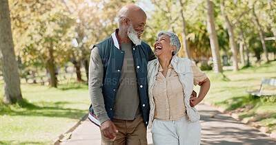 Buy stock photo Senior couple, hug and laughing in park for wellness, health and bonding in spring and walking. Excited interracial and elderly people with support, care and talking of walk or travel journey outdoor