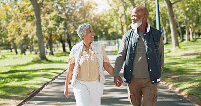 Buy stock photo Mature couple, people and holding hands in park for walk, together and support in New York. Relationship, care and happy with bonding for wellness, relax and smile for retirement as soulmate in love