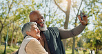 Senior couple, selfie and love in park with hug or happy of outdoor photography for holiday, travel or vacation. Interracial man and woman in profile picture, memory or bonding in forest for wellness