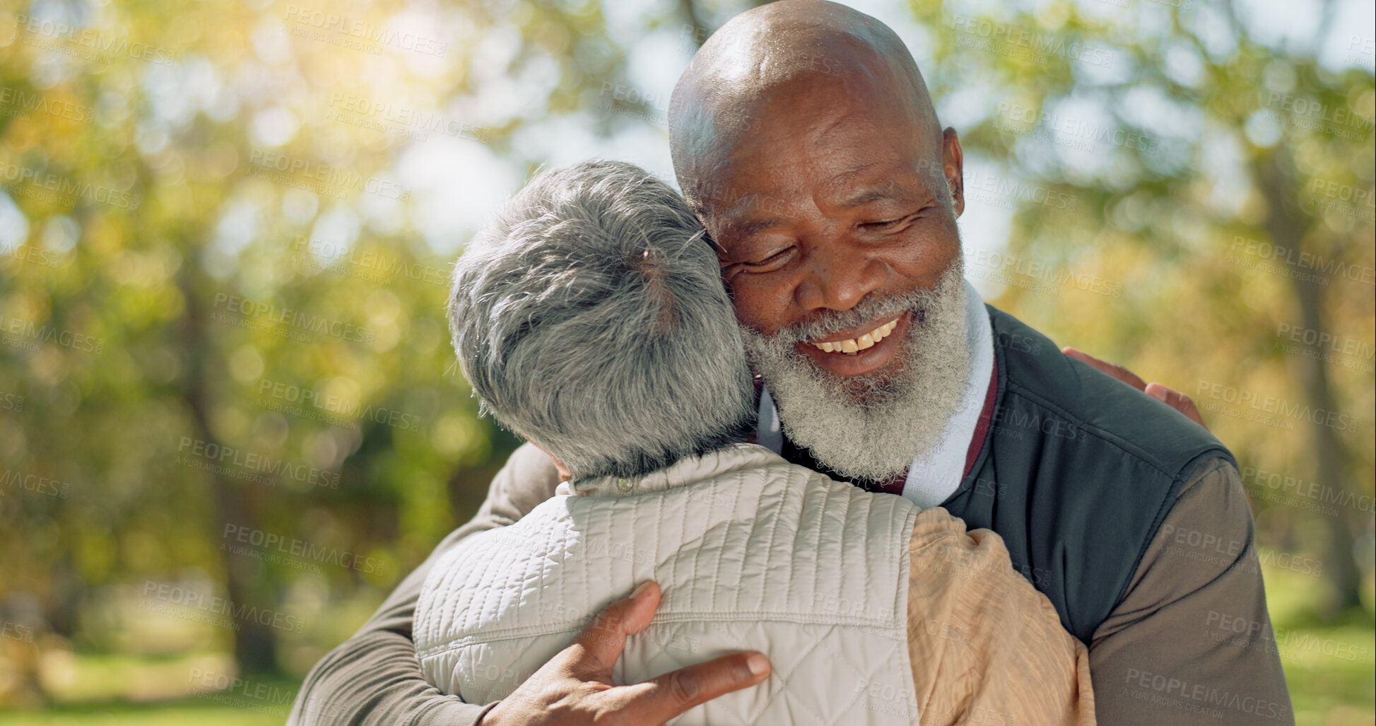 Buy stock photo Happy senior couple and hugging outdoor at park for commitment, relationship and bonding together. Smile, man and woman with love embrace for care, support and dedication to marriage in nature 