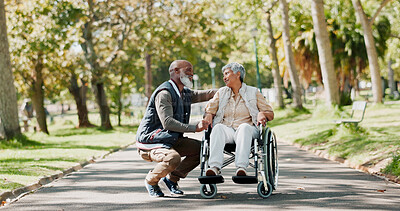 Buy stock photo Senior, couple and people with disability in park for fresh air, walking and enjoyment of retirement or wellness with love. Man, woman and outdoor in garden for bonding, together and wheelchair.