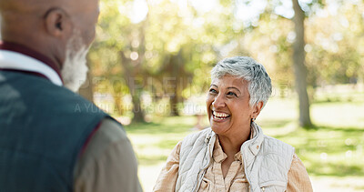 Buy stock photo Love, happy and Indian woman in park for walk, laugh and talking in retirement in nature or forest. Partner, diverse and support or trust for man and female person, care and conversation together