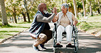 Senior, couple and high five in park for support fresh air, walking and enjoyment of retirement or wellness with love. Man, outdoor and woman with disability in garden for bonding, together and peace